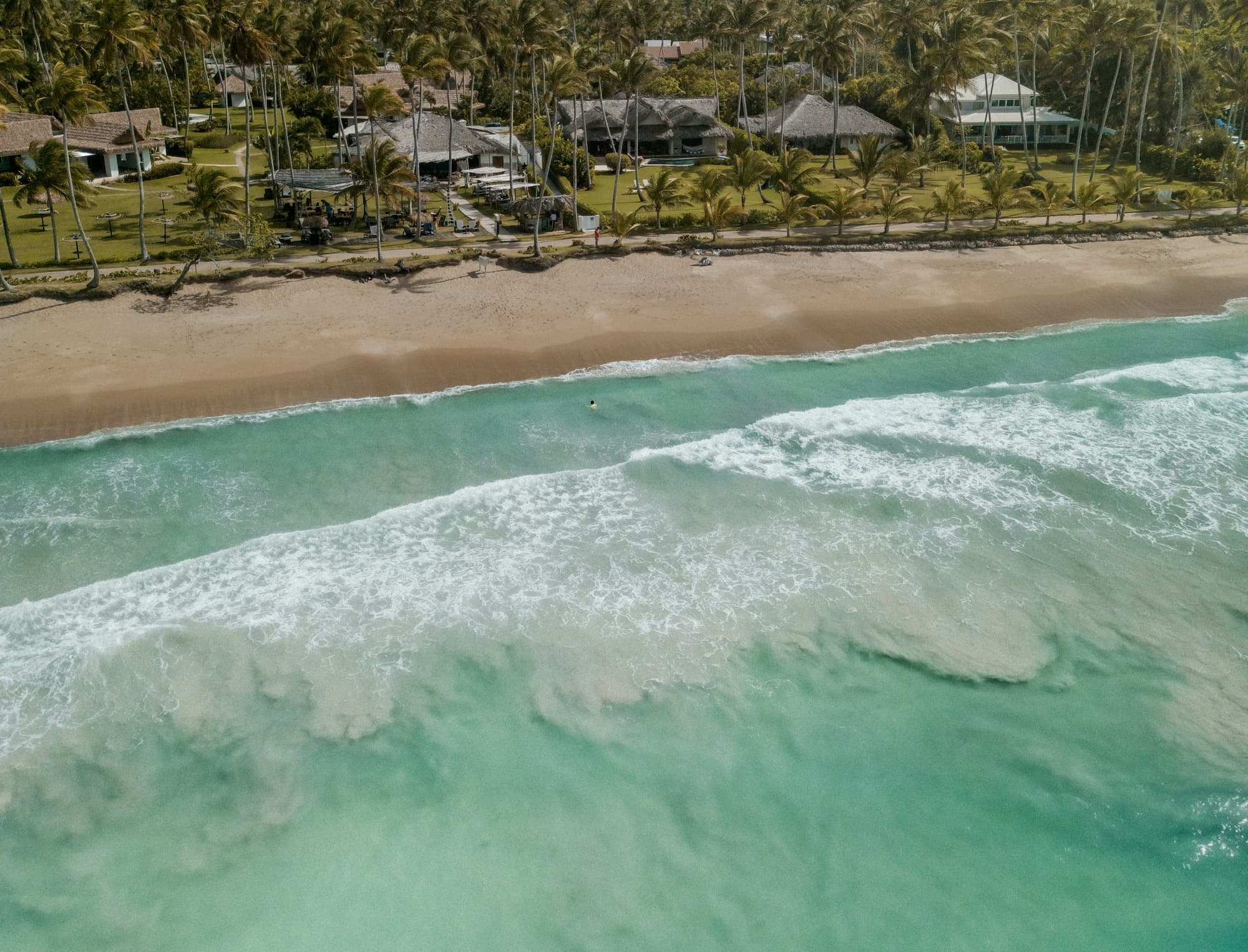 Aerial view of beachfront villas on the shore at Las Terrenas, Samaná