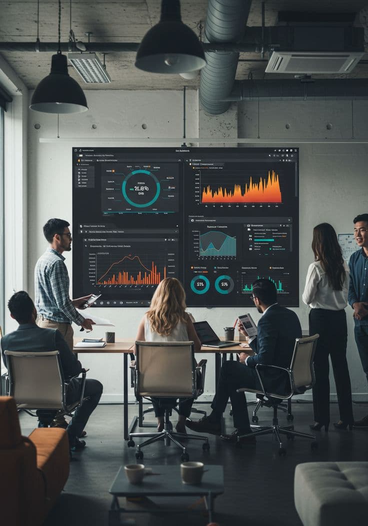 Team analyzing real estate investment data on large dashboard screens