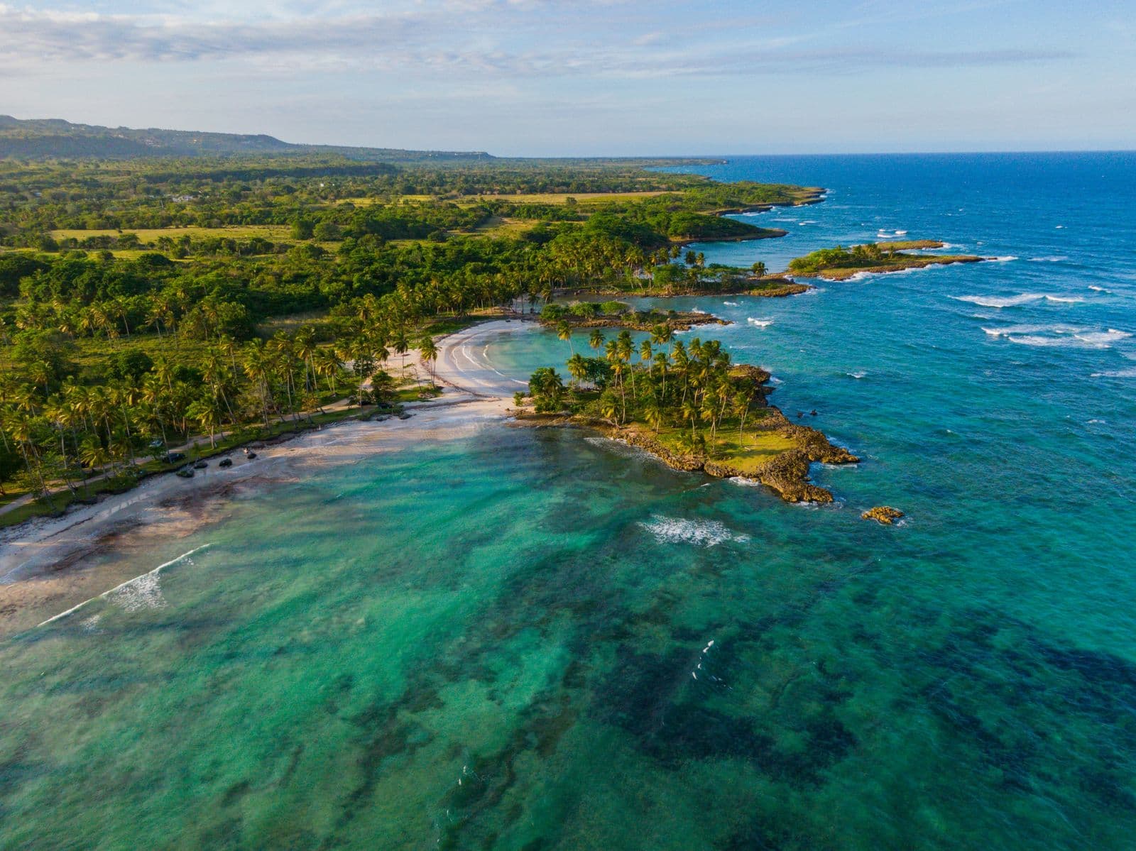Aerial view of the turquoise coastline of Samaná